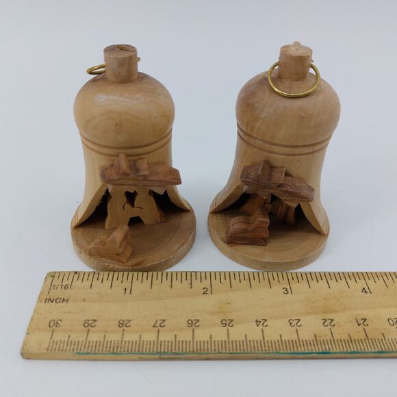 Olive wood Holy Land Carved Bell Nativity Bethlehem Israel Christmas Set of 2 - Picture 8 of 10